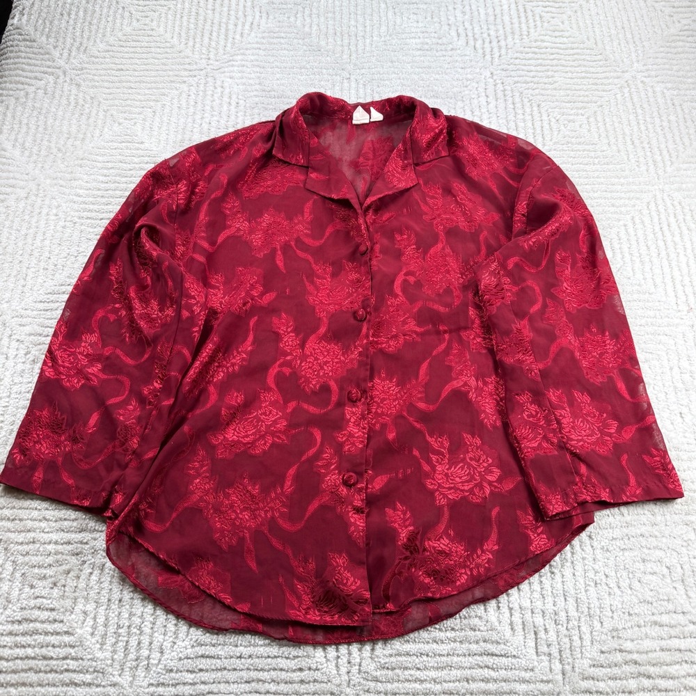 Victoria's Secret Blouse Womens Red Gold Label Vintage Floral Sheer Jacquard